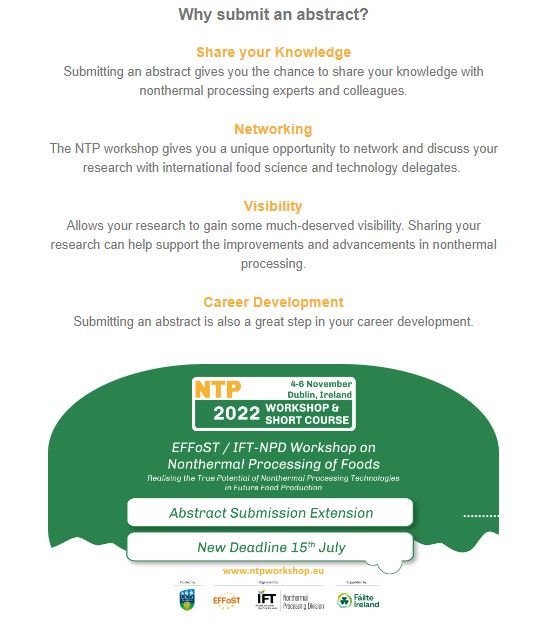 UCDFoodHealth's tweet photo. 1 Day to Go for Abstract Submission EFFoST/IFT-NPD Workshop & Short Course in
@UCD @Dublin in November. Submit now: https://t.co/aH3Hrs9XJT
@IFT @EFFoST @UCDResearch
#ScienceOfFood #abstractsubmission #nonthermalprocessing #foodscience #foodtech #NTPWORKSHOP2022 #foodprocessing https://t.co/jke8vHr5lO