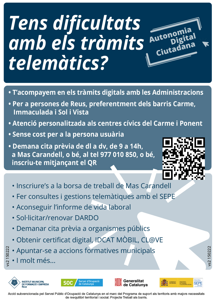 Mas_Carandell's tweet photo. 😰Tens dificultats quan fas tràmits digitals amb l'Administració❓#MasCarandell t'ofereix suport personalitzat
👉Demana cita prèvia al ☎️ 977 010 850 i t'ajudarem
➡️Per a persones de #Reus, preferentment barris Carme,La Immaculada i Sol i Vista
#autonomiadigital #treballalsbarris https://t.co/DqmZCc317B