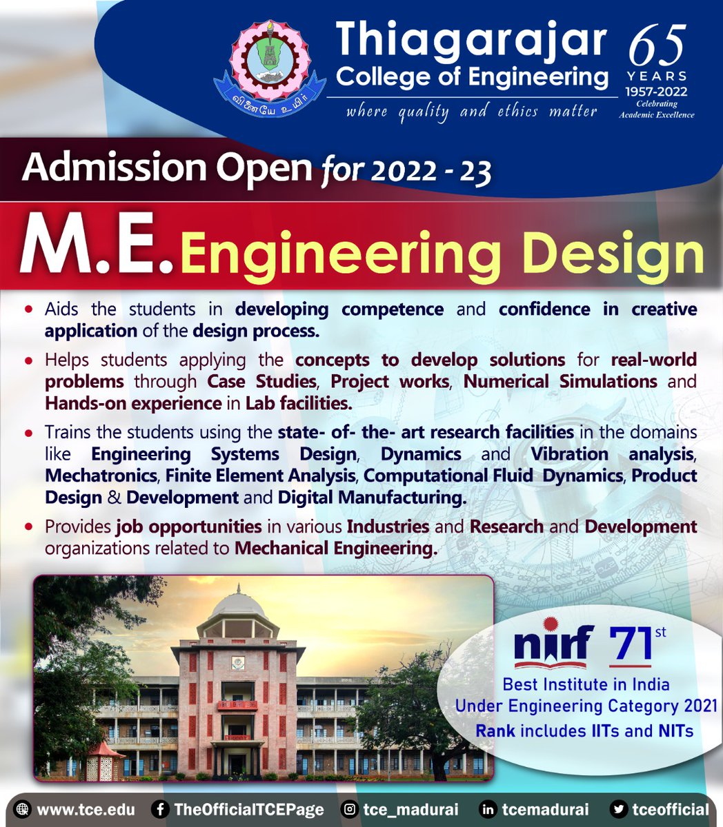 tceofficialpage's tweet photo. | TCE |
Thiagarajar College of Engineering
Madurai

Admission Open for 2022 – 23
M.E. Engineering Design

#TCE #thiagarajarcollegeofengineering #tcemadurai #masterofengineering #engineeringdesign https://t.co/TlKXcsZ42Y