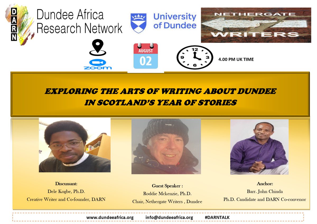 NGWriters's tweet photo. In collaboration with DARN @dundeeafrica, Nethergate Writers is inviting you to a scheduled Zoom event as follows;
Topic: EXPLORING THE ARTS OF WRITING ABOUT DUNDEE IN SCOTLAND’S YEAR OF STORIES
Time: Tues. Aug 2,2022: 4.00 PM- London
Meeting ID: 810 5750 4827
Passcode: 289393 https://t.co/PLlFJO7noE