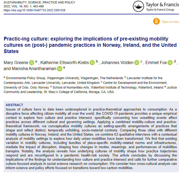 DrMaryGreene's tweet photo. How do #culture and #socialpractices interact?How do setting-specific #mobilitycultures shape how daily practices respond under #disruption? We explore these and other Qs in our new paper! Available OA: https://t.co/0KLLbtaM7V https://t.co/4aTe9iWNbw