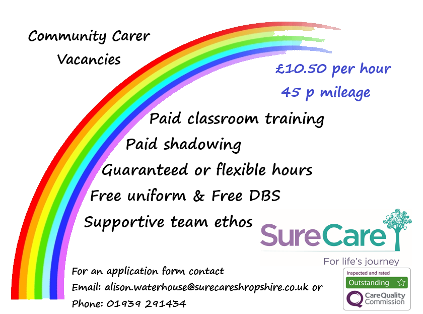SureCareShrop's tweet photo. 🌈 Community Carer Vacancies
🌈 Guaranteed salary positions &amp; flexible hour positions available
🌈 Guaranteed hour positions paid by shift
🌈 Maintain a work - life balance
🌈 Phone 01939 291434 today for an application form
#care #carers #Job #Shropshire #Shrewsbury https://t.co/Vrv3m06Hly