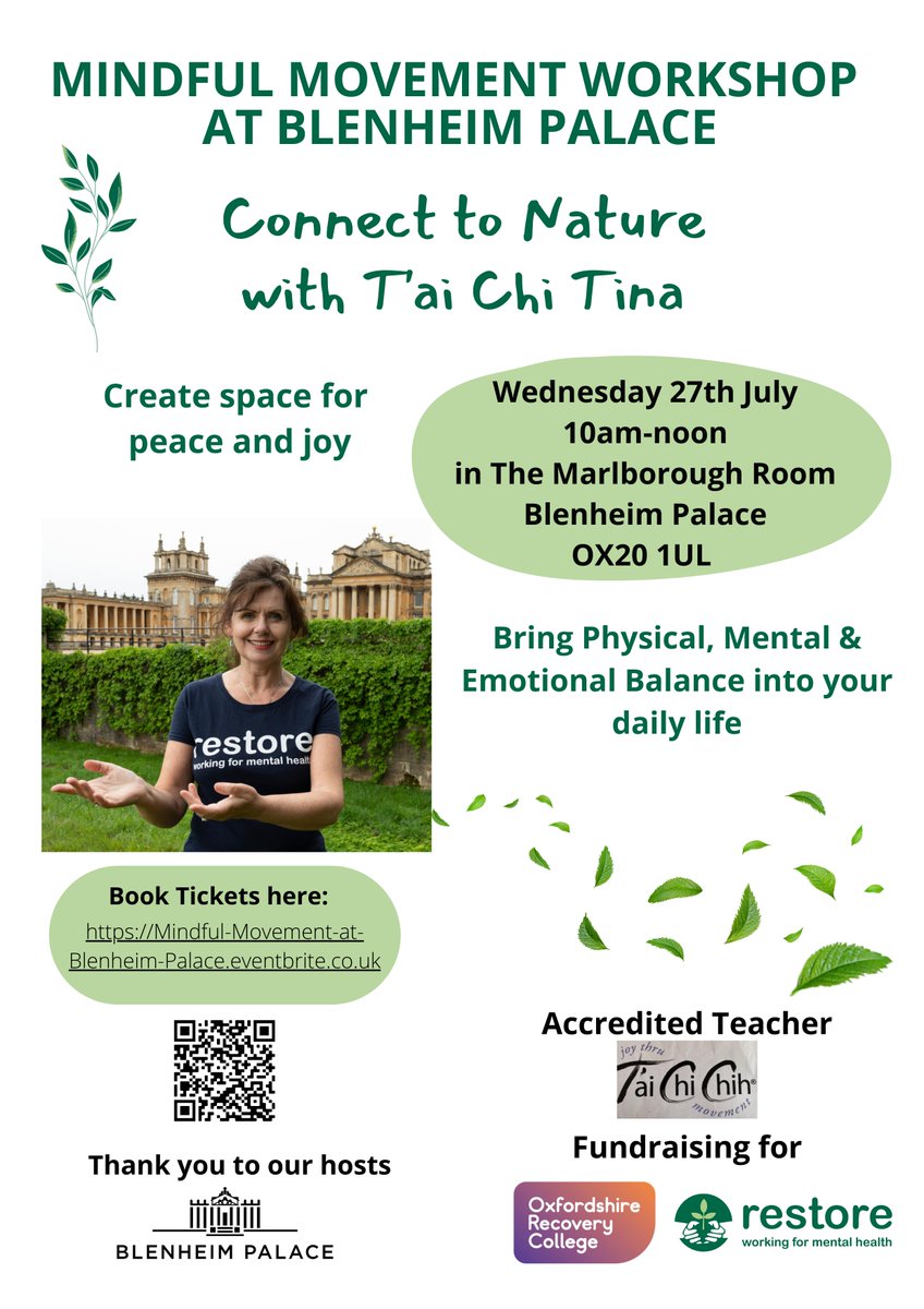 Final call to purchase tickets for Tai Chi at Blenheim Palace! Don't miss out!

All proceeds go to Restore and The Oxfordshire Recovery College. 🤗

For more details and to book your place. 👇
eventbrite.co.uk/e/mindful-move…