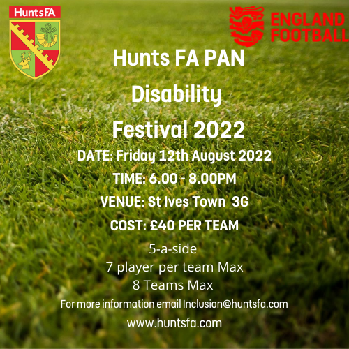 HuntsFA's tweet photo. DISABILITY FOOTBALL| We're hosting a 5v5 pan-disability festival in August! 

📆 Friday 12th August
📍 St Ives Town FC 3G
🕕 6pm-8pm
💷 £40 per team 
👕7 players per team

All players must be aged 16 years +

To register or for more information email Inclusion@HuntsFA.com https://t.co/KkciH7ILMt