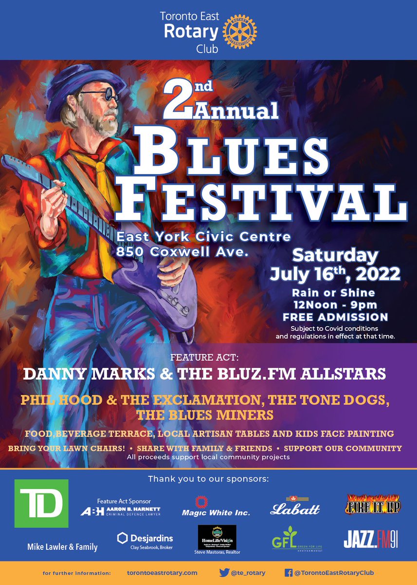 te_rotary's tweet photo. Join us this Sat, July 16 for Blues Fest. Noon until 9 pm. Enjoy the sounds of Danny Marks, Phil Hood, and the Exclamation, The Tone Dogs &amp; The Blues Miners. #Rotary #ServiceAboveSelf @Rotary7070 @phillhood @tonedogs @thebluesminers @jazzfm @TOBluesSociety https://t.co/kRTUrWsEqO