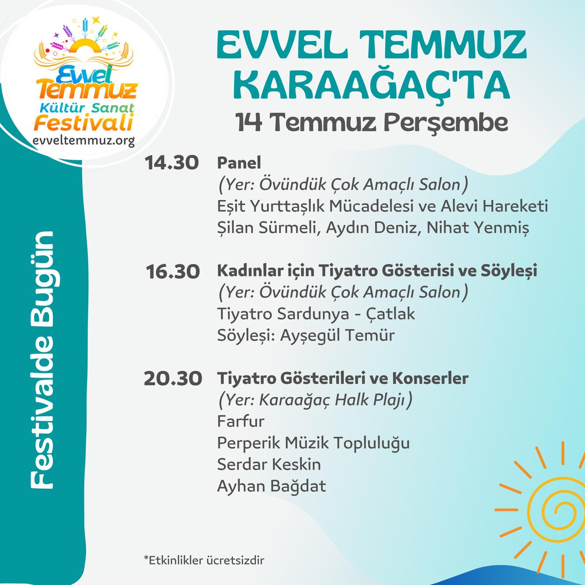 Festivalimizin Arsuz-Karaağaç programının finalinde bugün Karaağaç'tayız. Eşit Yurttaşlık Mücadelesi ve Alevi Hareketi panelimizin ardından kadınlar, Çatlak oyunu ve kadın hareketi ve mücadele yöntemleri söyleşisinde buluşacak. Akşam ise skeçler ve konserlerimize bekliyoruz 🤗