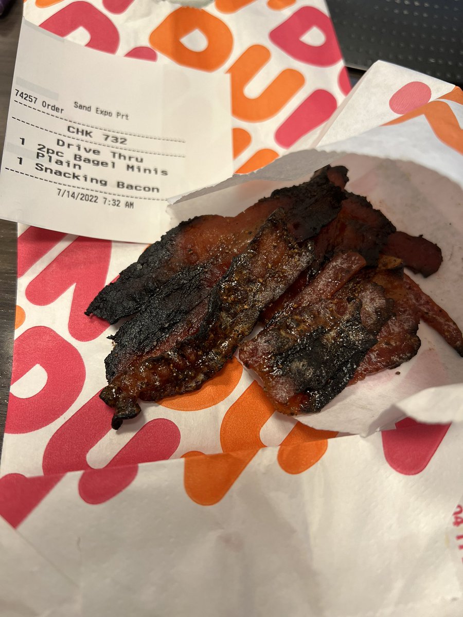 Ummm <a href="/dunkindonuts/">Dunkin'</a> a little crispier than usual today 🤷🏻‍♀️#baconfail #snakinbacon
