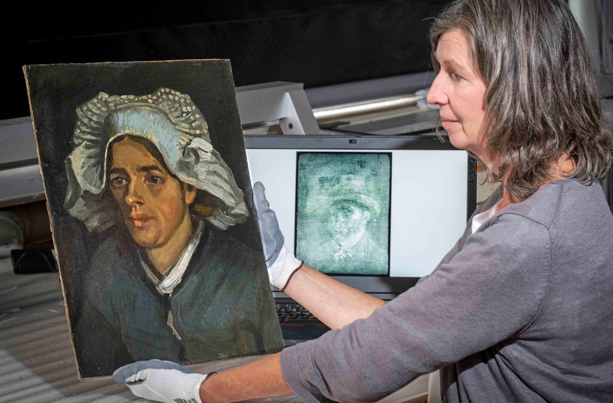 A self-portrait of Dutch post-Impressionist artist Vincent van Gogh has been uncovered hidden behind one of his paintings. The image was hidden behind cardboard and layers of glue reut.rs/3OfqcD6 1/4
