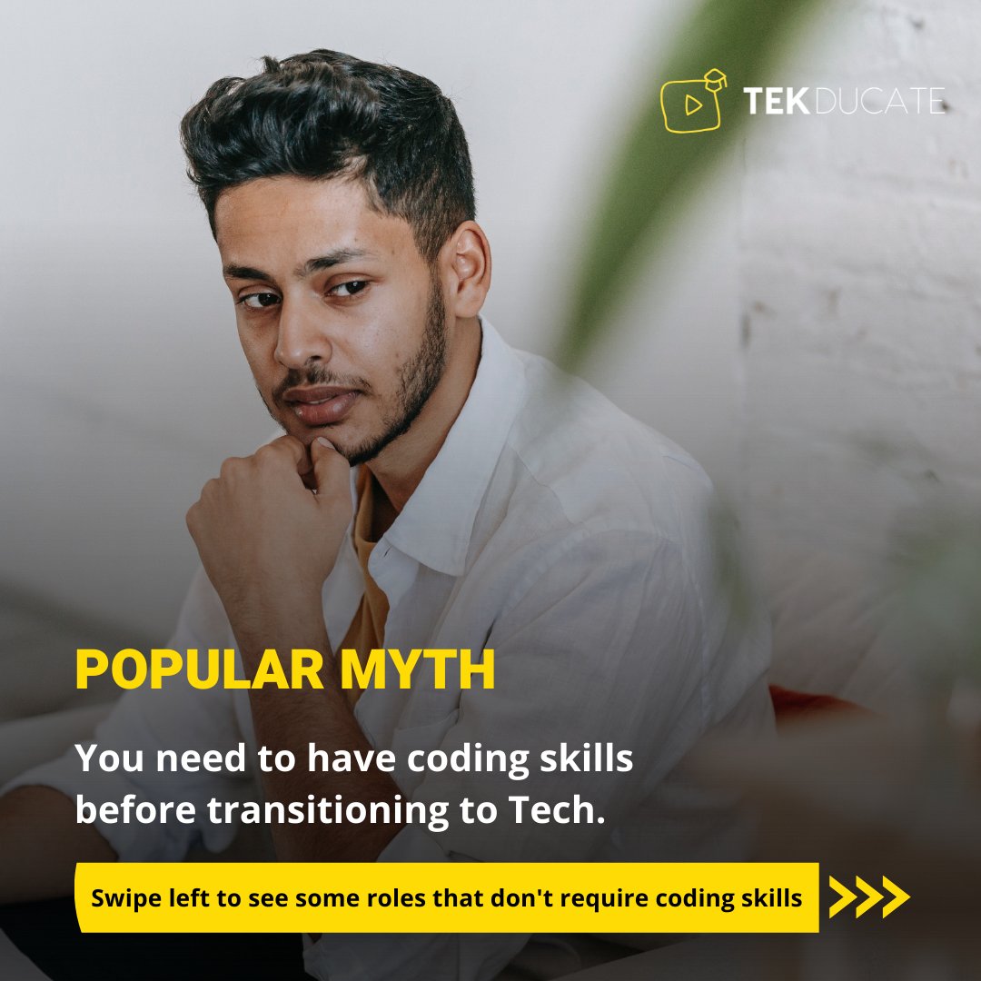 tekducate's tweet photo. There's a popular myth that you need to have coding skills before you can successfully transition into tech; that's not entirely true.

Here's a list of roles that do not require coding skills.

Ready to make that transition? Make it happen.

#Tekducate #Tech #TransitionToTech https://t.co/TdOHIfAIYM