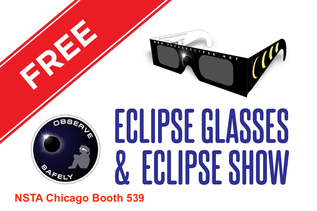 Teachers and Eclipse junkies!!  Our <a href="/DiscoveryDome/">Patricia Reiff</a>  will be at NSTA Chicago July 21-23, booth 539. Come by for our eclipse training show. Everyone who stops by will get a free pair of eclipse glasses. Can't come?  go to: space.rice.edu/eclipse/ #NSTA #Eclipse #NASAHeat <a href="/RiceSpace/">Rice Space Institute</a>
