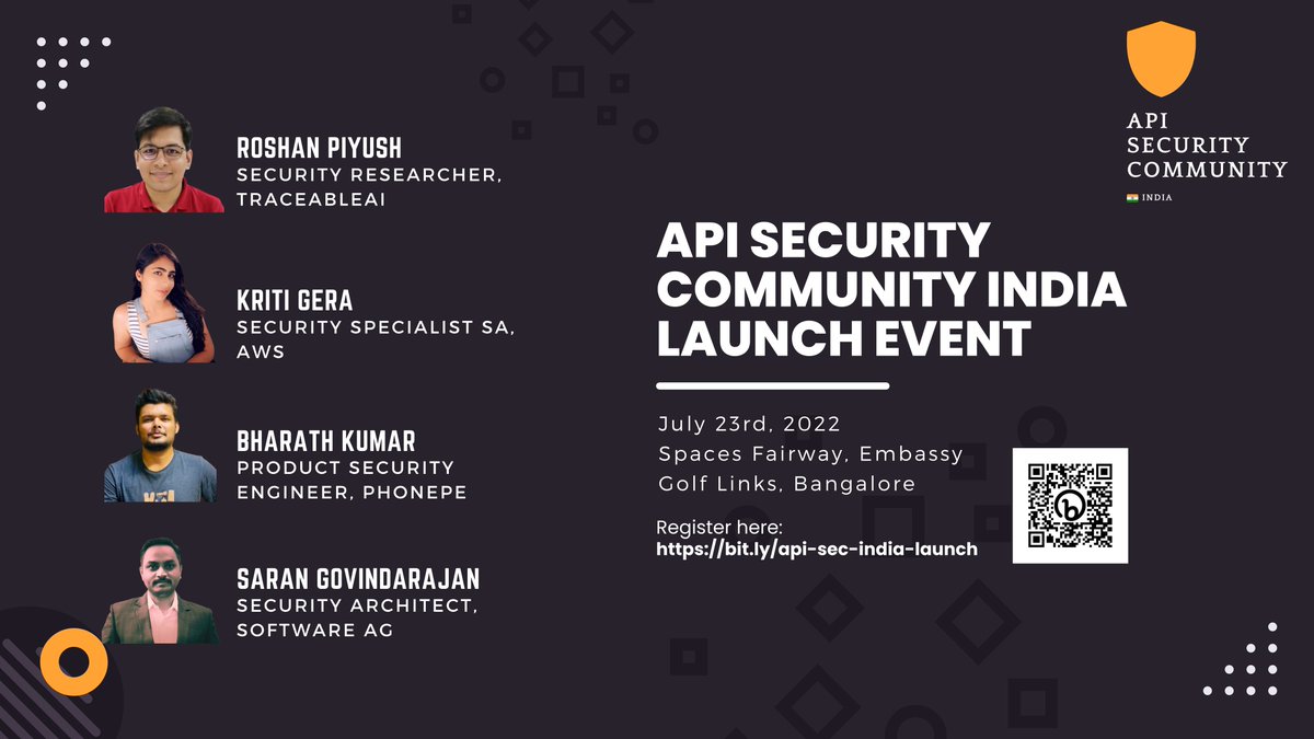 traceableai's tweet photo. Join us next week for the launch of the API Security India Community.

Featuring:
Traceable's @RoshanPiyush
@AWS' Kriti Gera
@PhonePe's Bharath Kumar
@SoftwareAG's Saran Govindarajan

Register for the free event: https://t.co/iorprY7Z20 https://t.co/jvq5IXsQqZ