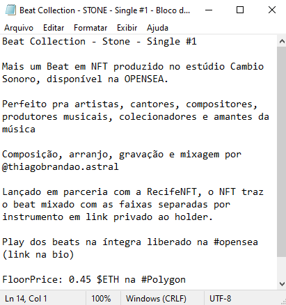 Beat Collection - Stone - Single #1 

Play dos beats na íntegra liberado na #opensea (link na bio)

FloorPrice: 0.45 $ETH na #Polygon

#Opensea #NFTcommunity #art #music #Beat #PE #Recife #RecifeNFT #beatcollection

opensea.io/assets/matic/0…
