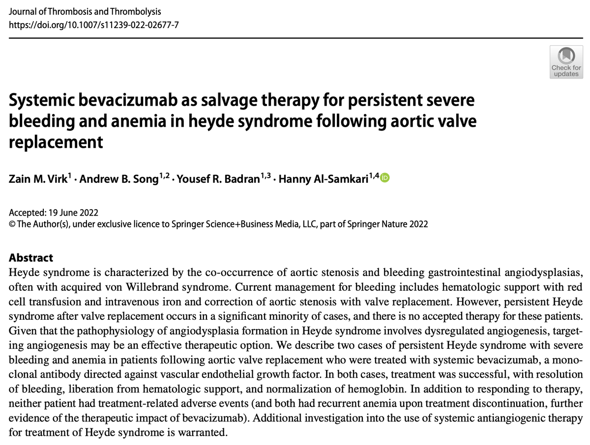 andrewbsong's tweet photo. Zain Virk describes two reports of persistent Heyde syndrome despite SAVR/TAVR. Subsequent bevacizumab controlled their bleeding! More data needed on antiangiogenic therapy for refractory angiodysplastic bleeding. https://t.co/KftkpKqBOL #hematology @HannyAlSamkari @YRBadran 2/2 https://t.co/2ISMnjlv0b