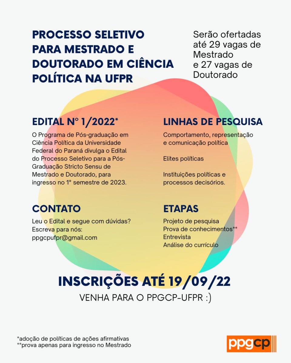cpolitica_ufpr's tweet photo. O Edital do processo seletivo para ingresso no PPGCP-UFPR já está disponível para consulta. 

➡️29 vagas no Mestrado
➡️27 vagas no Doutorado https://t.co/mQ2ScYORiD