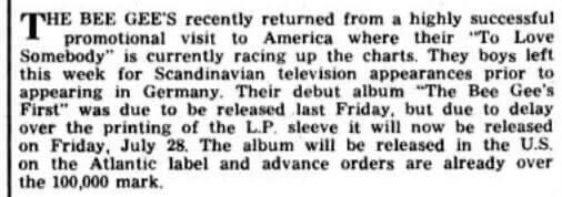 TheBeeGees1967's tweet photo. Originally scheduled for July 14, the release of βtheir debut albumβ (βBee Geesβ Firstβ) was delayed until July 28, 1967, as reported by Record Mirror on July 22 that year.
@beegees #beegees
#barrygibb #robingibb #mauricegibb #vincemelouney #colinpetersen https://t.co/XUAsdkAgS8