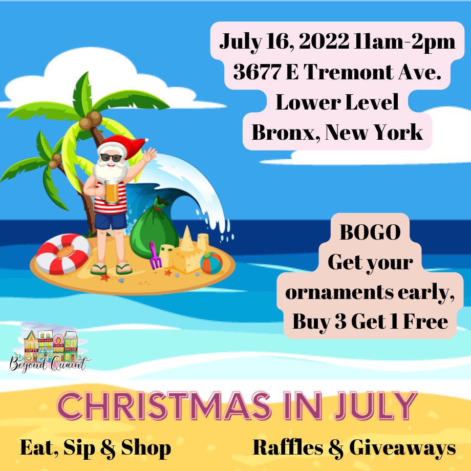 PhpAmanda's tweet photo. Save the Date!!!! 

7•16•22 
11am-4pm

Location @bellaquinnevents 
3676 East Tremont Avenue 
Bronx, NY 10465

Come and support some amazing vendors &amp; get in the holiday spirt after all....it's Christmas in July!!!

You don't want to miss this!!! https://t.co/9fFttUN2Z6