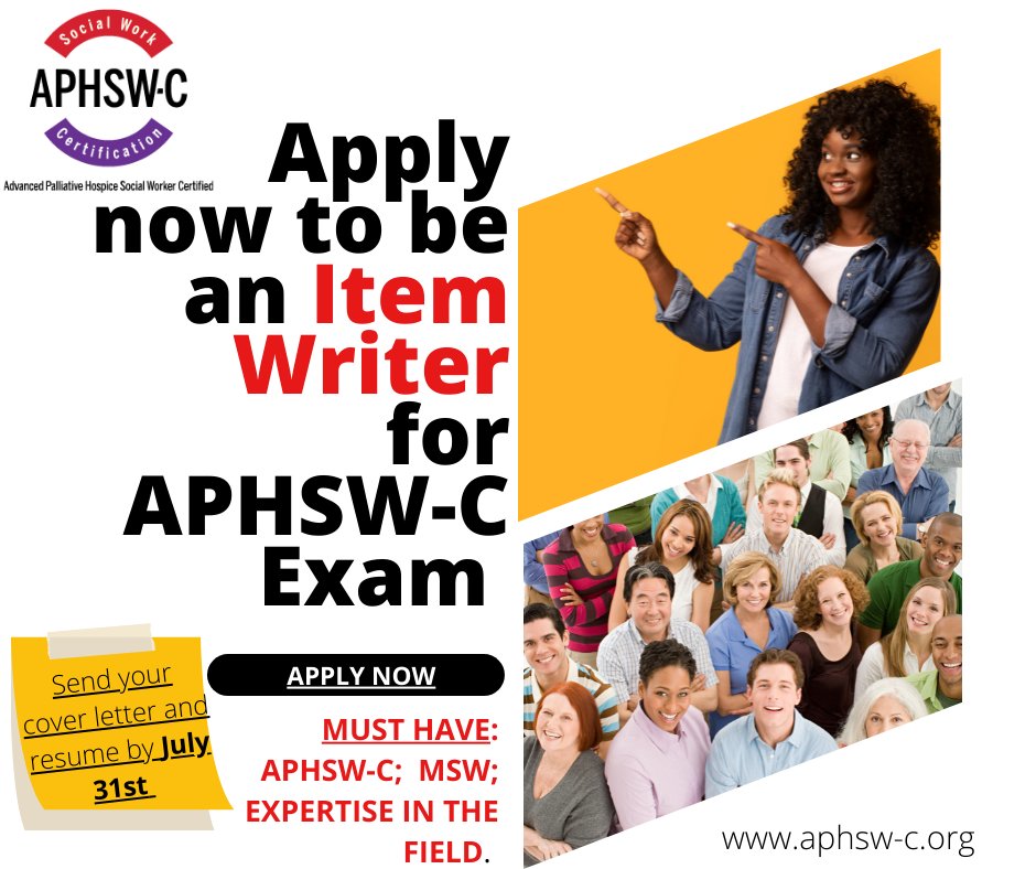 Do you already have your APHSW-C? If so, we invite you to apply to be an Item Writer for the APHSW-C exam!!! Send us a cover letter and resume by July 31st. info@aphsw-c.org