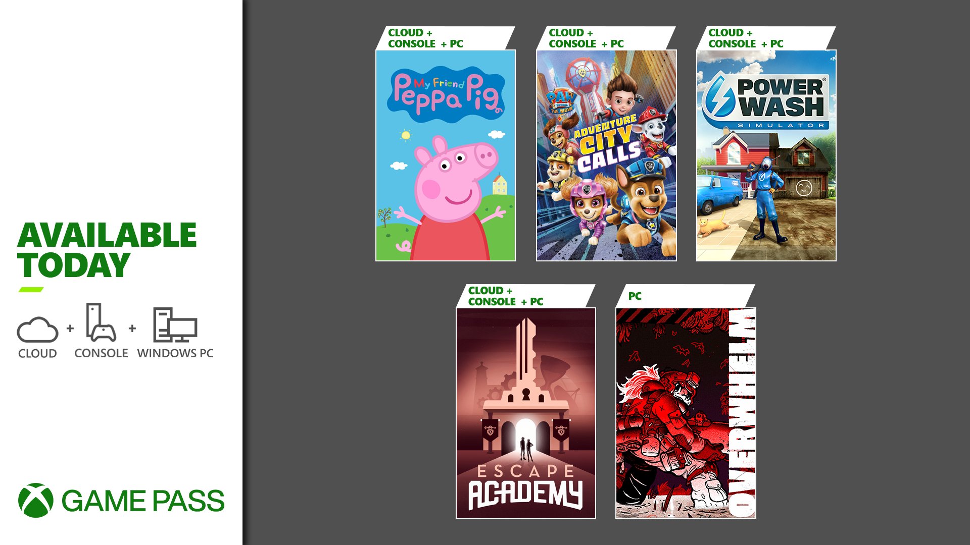 Peppa Pig, Paw Patrol, PowerWash Simulator, Escape Academy, and