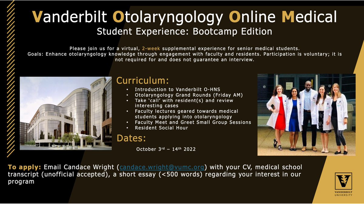 VOOMSE is back! Our virtual medical student experience returns October 3-14. Register now to spend time with our team of residents &amp; attendings &amp; gain deeper knowledge of the O-HNS field. Applications due 9/1. #OtoMatch2023 #MedEd <a href="/TopfHNS/">Michael Topf MD, MSCI</a> <a href="/WhighamAmyMD/">Amy S. Whigham, MD, MS-HPEd</a> <a href="/MdMadelyn/">Madelyn Stevens</a> <a href="/EbenRosenthal/">Eben L Rosenthal, MD</a>