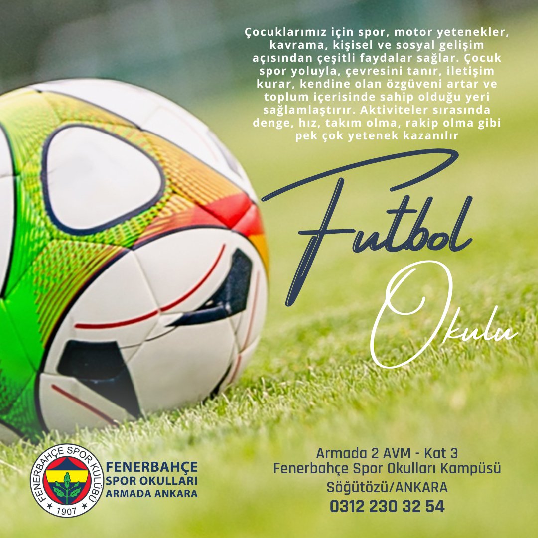 Bilgi, iletişim ve kayıt için;

👉 fenerbahceankara.org

👉 Eskişehir Yolu - Armada 2 AVM, Kat: 3, No: 113

Söğütözü/Ankara

👉 0312 230 32 54

#fenerbahçe #fenerbahçesporokulları #futbol #football #basket #voleybol #boks #cimnastik #ankara #armadaavm #armadaankara #sports