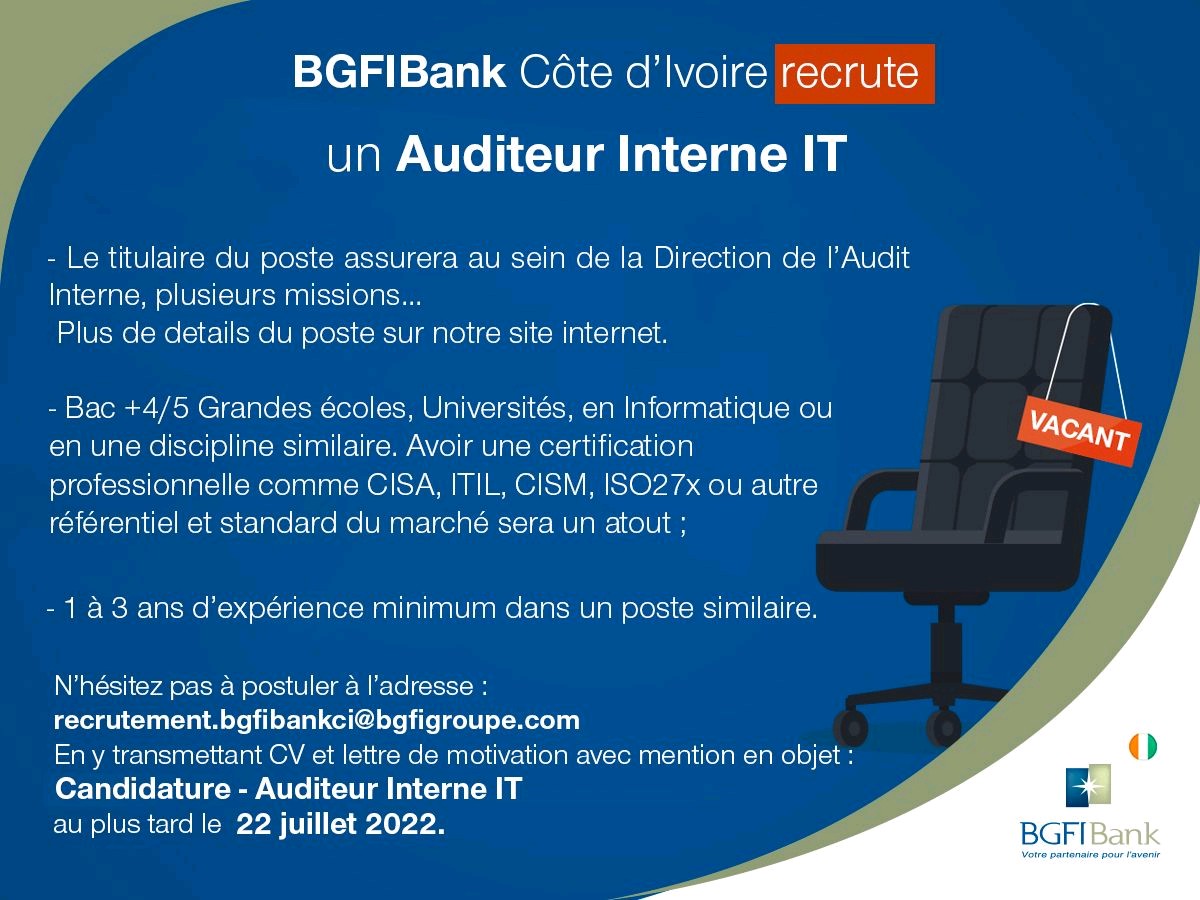 ometiers_num's tweet photo. La @BGFIBankCI recrute un auditeur interne #IT.
Postuler jusqu'au 22 juillet avec CV+LM à recrutement.bgfibankci@bgfigroupe.com
#TechJobsAfrica #civdigital #wasexo #CISA #CISM #ITIL https://t.co/N1MGzGEoxz