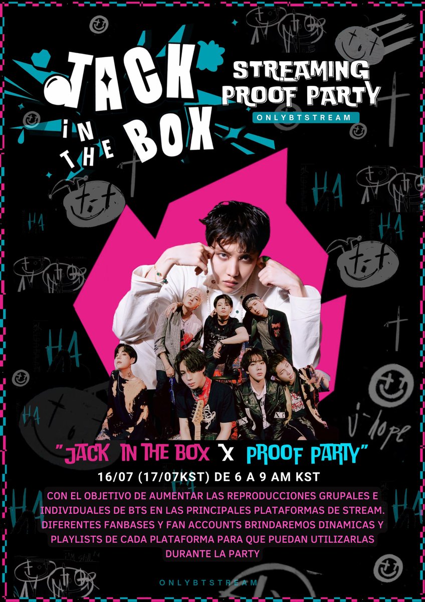 🎙STREAMING PARTY🎙

¡ARMY! El día 16/7 (17/07 KST), realizaremos una streaming party enfocada en “JackInTheBox”, “PROOF” y los últimos lanzamientos individuales y grupales de #BTS

⏰Horario KST: 6 a 9 AM KST. 
⏰Horario por país: timeanddate.com/worldclock/fix…

<a href="/BTS_twt/">방탄소년단</a> <a href="/OnlyBTStream/">Only BTS Stream⁷ ⦿⊝⊜</a>