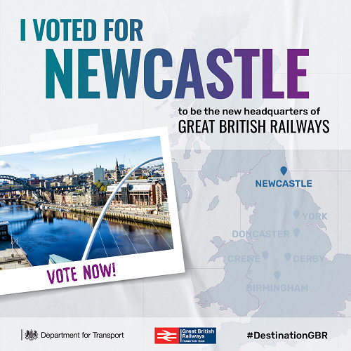 NewcastleCC's tweet photo. With all the excitement of Newcastle being shortlisted to be the new home of Great British Railways, we almost forgot to vote! 🤦

Have you cast your vote yet? Share the image below when you have and encourage others to vote Newcastle 👉 https://t.co/BbPcjl3FUb

#DestinationGBR https://t.co/30Frzbvg1p