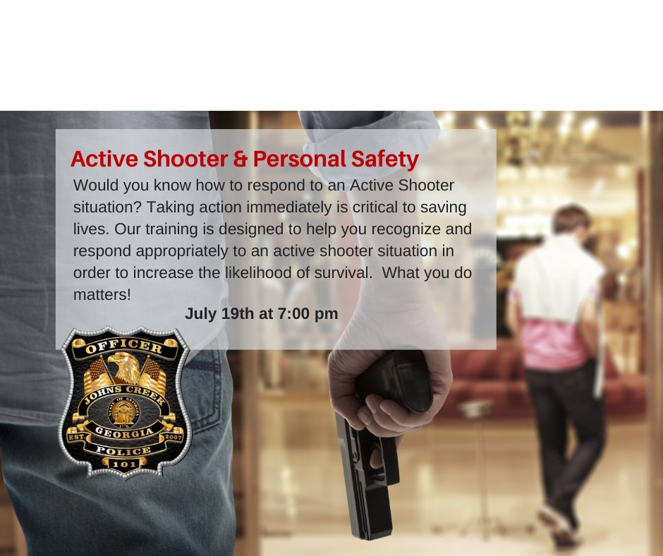 JohnsCreekPD's tweet photo. Civilian Response to Active Shooter Events C.R.A.S.E. (ALERRT)
Would you know how to respond to an Active Shooter or Active Threat Event? Taking action immediately is critical to saving lives. https://t.co/HnulagYHfC
#ALERRT #CRASE #LtDeb #ActiveShooter https://t.co/CEeTIwSYpE