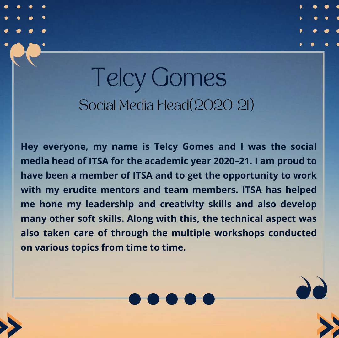 itsa_sfit's tweet photo. Here are a few good words from our ex-members of ITSA...😎😇
Know their story and the aim to awaken the potential of all😌

A Special Thanks to Nikhil Pujari, Karan Surve, Telcy Gomes, Felicia Sequeira, Shrumi Dedhia

Part(1/2)
#itsa #sfit #testimonials #testimonial #goodwords https://t.co/vkVcC7ZiSh