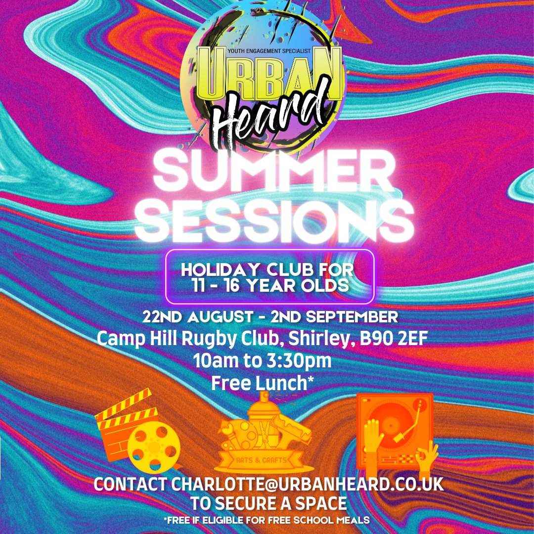 Have signed up for Shirley Summer Sessions for 11-16 year olds eligible for free school meals. 

First come first serve so email now to get a space. 

#HAF #holidayclub #teenagers #solihull #shirley