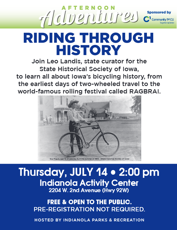 bikeiowa's tweet image. TODAY at 2pm in @indianolaiowa - Listed to "Riding Through History" with Leo Landis of @IAStateHistory about Iowa's bicycling history, from the earliest days of two-wheeled travel to the world-famous rolling festival called @RAGBRAI_IOWA. Sponsored by  #CommunityFirstCreditUnion!