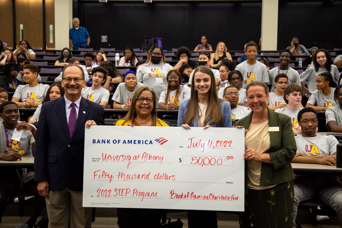 Thank you to <a href="/BankofAmerica/">Bank of America</a> for their continued support of the Science &amp; Technology Entry Program Summer Institute at #UAlbany!

To read more about the <a href="/UAlbanySTEP/">UAlbany STEP</a> program click here ➡️ albany.edu/news-center/ne…

 #PoweredByPurple // #BofAGrants // #economicmobility