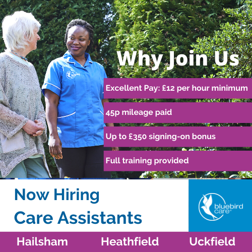 BluebirdCareEW's tweet photo. Now recruiting #CareAssistants in #Hailsham, #Heathfield and #Uckfied for Full &amp; Part time hours! Full training. Must drive.

Are you compassionate and caring? A role at Bluebird Care could be perfect for you.

Pay £12-14 per hour plus 45p/mileage

APPLY: https://t.co/OF64nu90C5 https://t.co/SucTsI0DwV