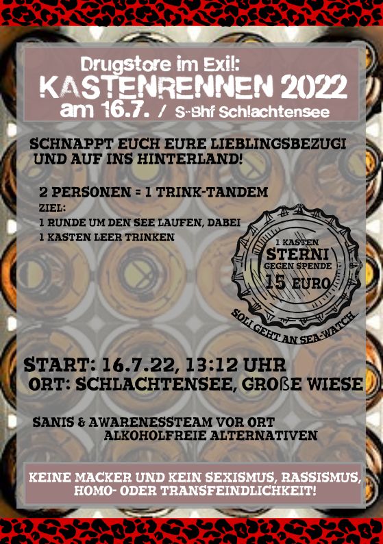 Leider wird der #Punkrocktresen heute Abend ausfallen. Voraussichtlich wird es am: 28.07, 11.08 und 25.08 Punkrocktresen geben.
Aber Samstag #B1607 findet das legendäre Kastenrennen vom #Drugstore am Schlachtensee statt.
2Menschen 1Kasten 1See

#potsebleibt #drugstorelebt #b1407