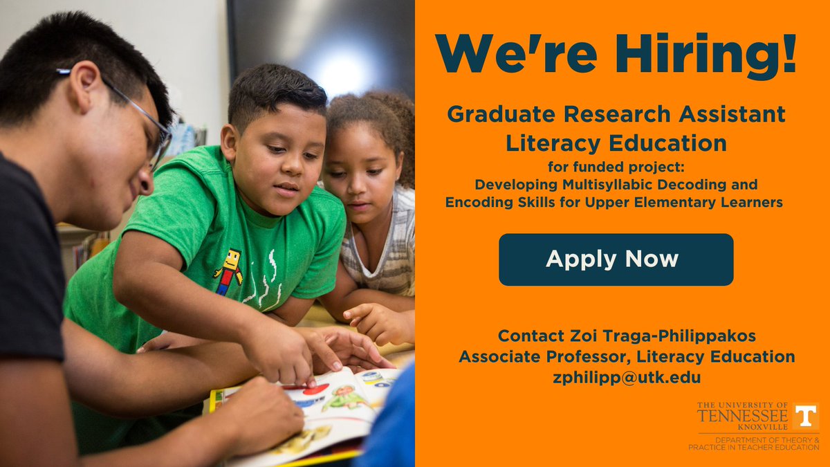 UTKTeacherEd's tweet photo. We're hiring! Our #LiteracyEd team are seeking a #GraduateResearchAssistant (F/T 12-month appointment w/benefits) for their grant funded project on multisyllabic decoding & encoding skills Contact zphilipp@utk.edu or visit our FB/IG pages #teacherjobs #academicjobs #educationjobs https://t.co/ypRipZ9Ee4
