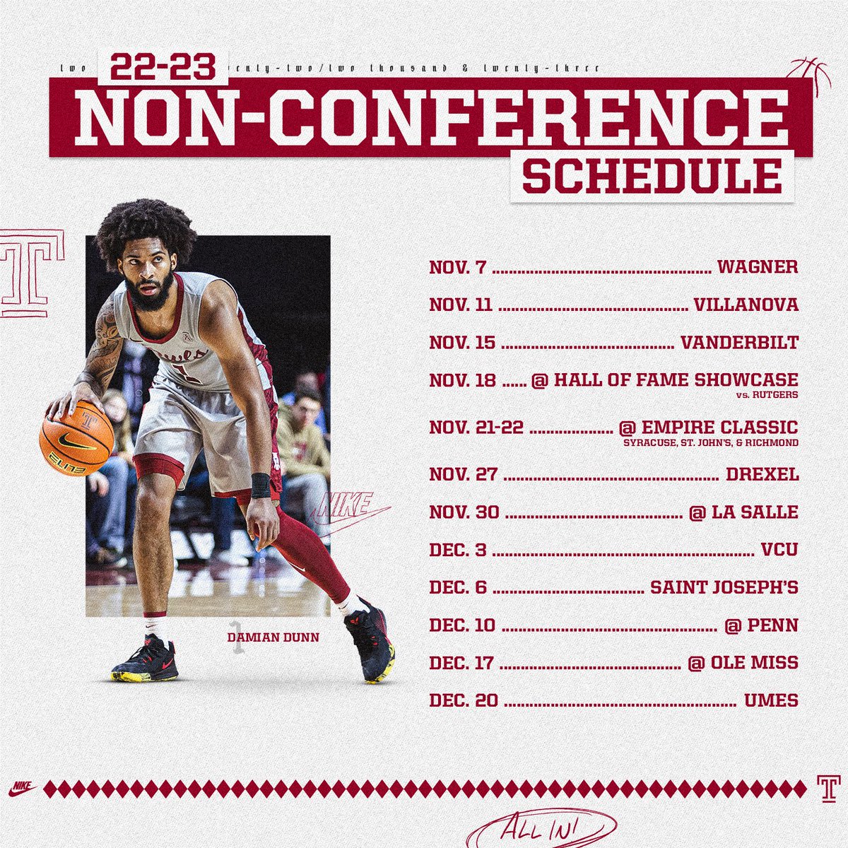 JonRothstein's tweet photo. Temple has released its non-conference schedule for the 22-23 season. https://t.co/szG6RN8kU8