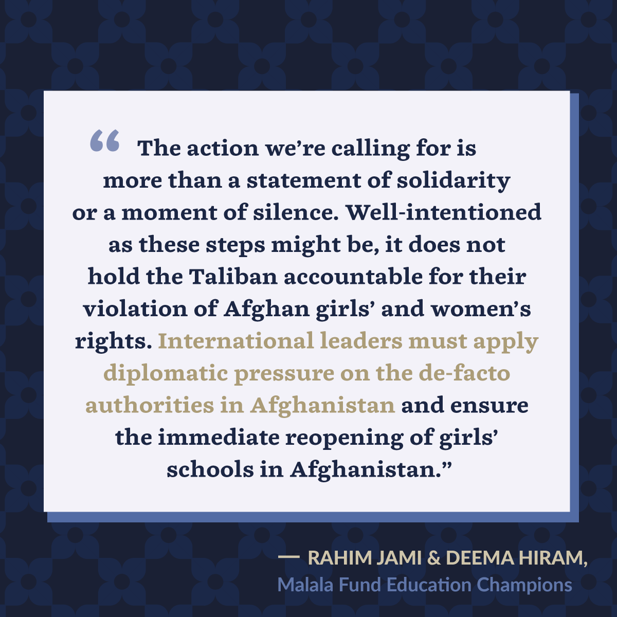 MalalaFund's tweet photo. Girls in Afghanistan have been out of school for 300 days.

To protect their futures, Afghan human rights defenders and Malala Fund Education Champions demand that world leaders demonstrate solidarity through action — not just words. Their open letter: https://t.co/eQmvvyf105 https://t.co/fyrbdjAlSi