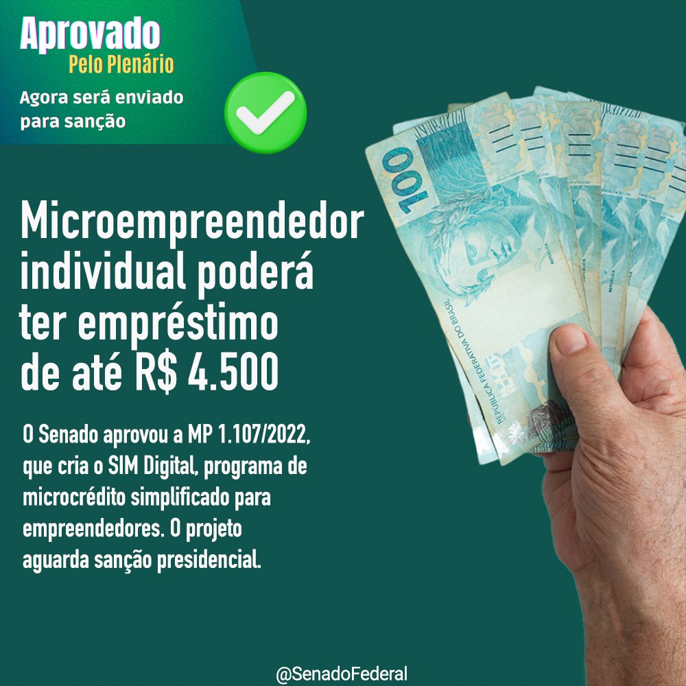 SenadoFederal's tweet photo. O Senado aprovou Medida Provisória 1.107/2022, que criou novas linhas de microcrédito para pessoas físicas e microempreendedores individuais (MEIs). O texto segue para sanção do presidente da República. Saiba mais: https://t.co/GCZ0xoQmKD
#SimDigital https://t.co/B9GRw0Wyv7
