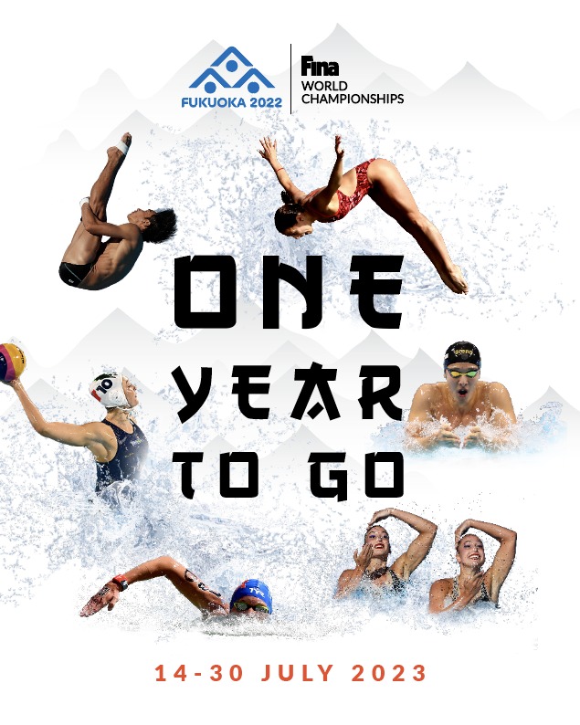 WorldAquatics's tweet photo. 🇯🇵 ONE YEAR TO GO 
 
The FINA World Championships Fukuoka 2022 will take place from 14 to 30 July 2023.
@Fukuoka2022jp https://t.co/UIkyc20ADu