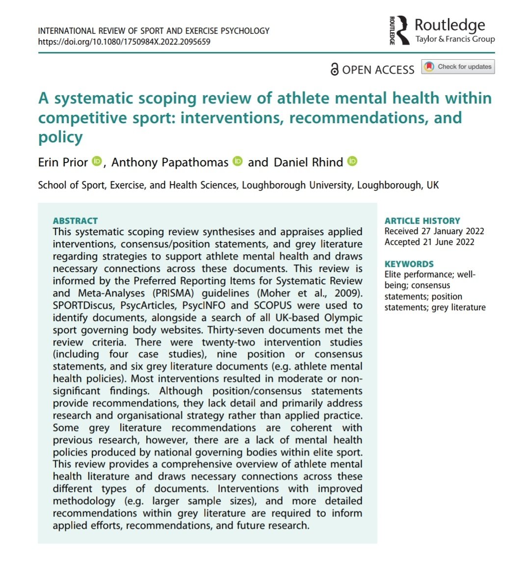 Excited to say my 1st PhD study has been published! @A_Papathomas @DrDanielRhind & I synthesise & review athlete mental health interventions, position/consensus statements & grey literature 😊🙌🙌🙌
#athletementalhealth #mentalhealth #sport #sportpsych 
tandfonline.com/doi/full/10.10…