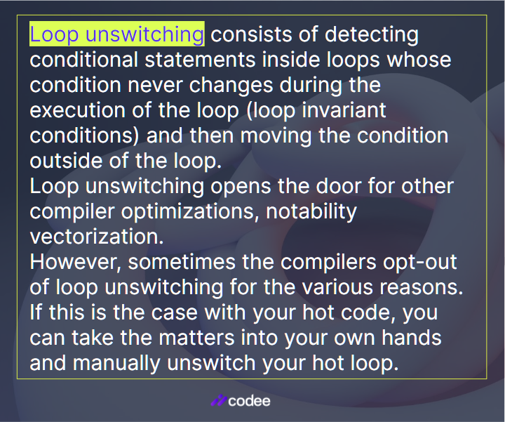 codee_com's tweet image. #CodeePerformanceTip: Your hot loop contains conditions. Have you tried loop unswitching?
Read more about loop unswitching and vectorization in our post: codee.com/flexibility-an…