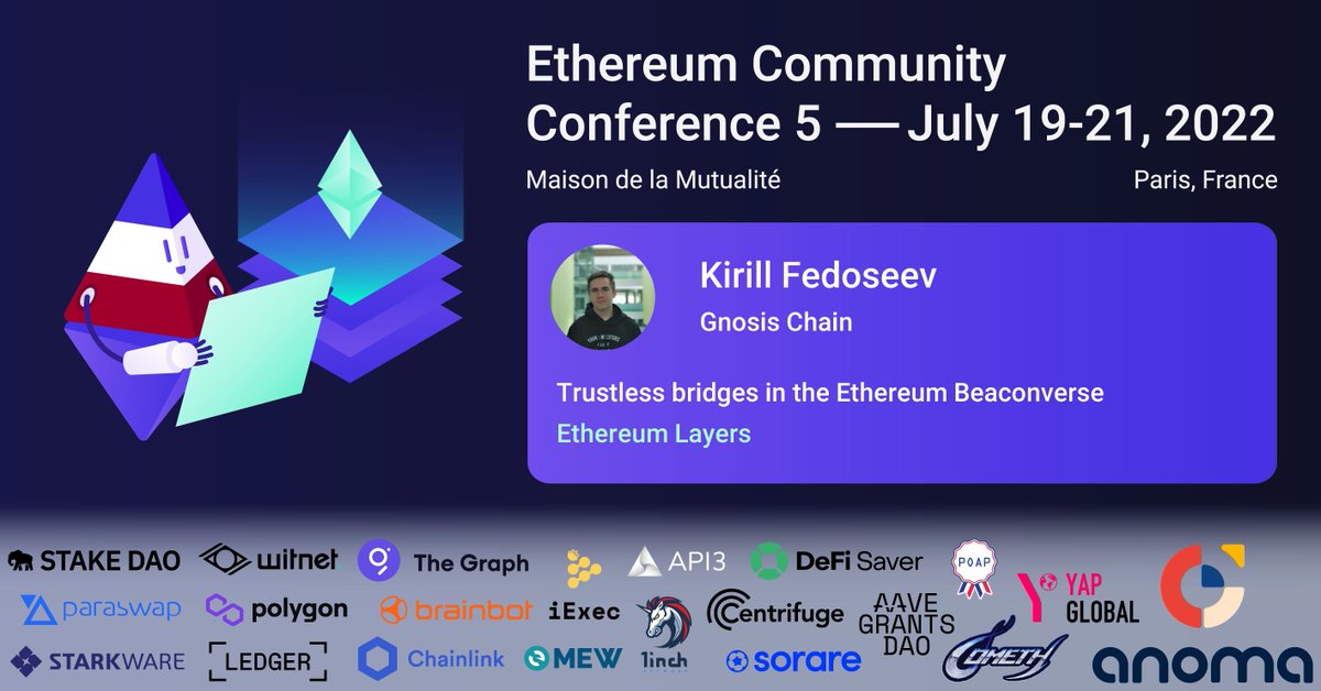 🎤 #EthCC Speakers 🎤

<a href="/k1rill_fedoseev/">Kirill</a> from <a href="/gnosischain/">Gnosis Chain</a> will speak about "Trustless bridges in the Ethereum Beaconverse"

💙🤍❤️