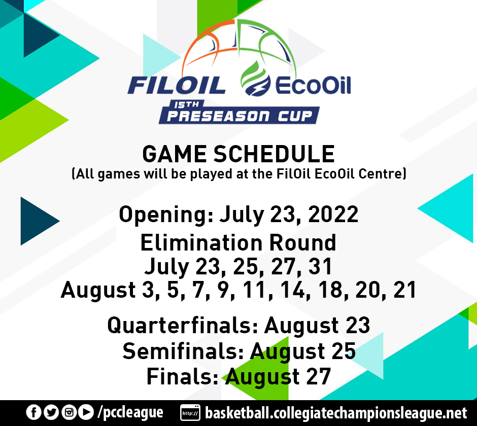 PCCLeague's tweet photo. Here is the updated schedule for the upcoming @Filoil_FlyingV EcoOil Preseason tournament https://t.co/GDwOruV8cX