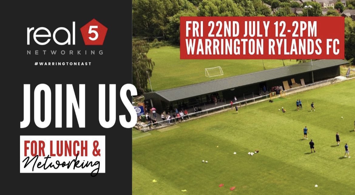 Want to be part of the largest independent business network in town? real5 Networking #warrington will be meeting in the real5 Lounge at Warrington Rylands FC next week for our monthly lunch club. With over £25 Million in deals done it’s the perfect mix of business &amp; pleasure!
