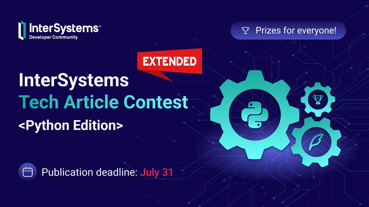 uleimberger's tweet photo. Here is your chance to join InterSystems Tech Article Python Edition contest. Prizes for everyone! 
Duration: June 20 to-July 31🔥
More info on @InterSystemsDev. #IRIScontest #IRISdev https://t.co/OA79VjUVBF https://t.co/hmFxRRwx03