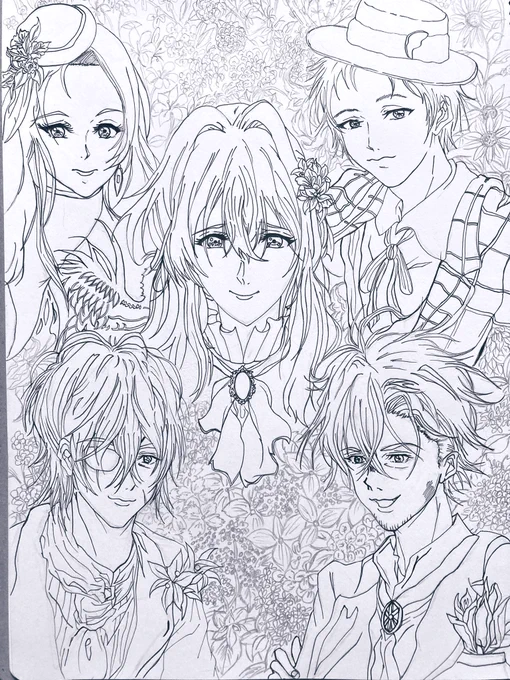 背景を花(下絵)で埋めてみました! 週末久々に色付けてみます! 苦手ですが💦 #イラスト練習中 #アナログイラスト #ヴァイオレット・エヴァーガーデン