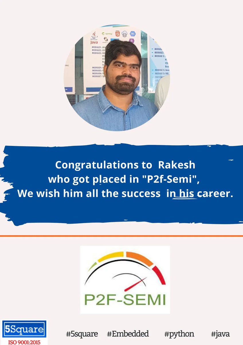 5squareblr's tweet photo. Congratulations to RAKESH who got placed in "P2F-SEMI". We Wish him all the success in his career.
#5square #placement #embedded #python #java https://t.co/XDfN5JsYiz