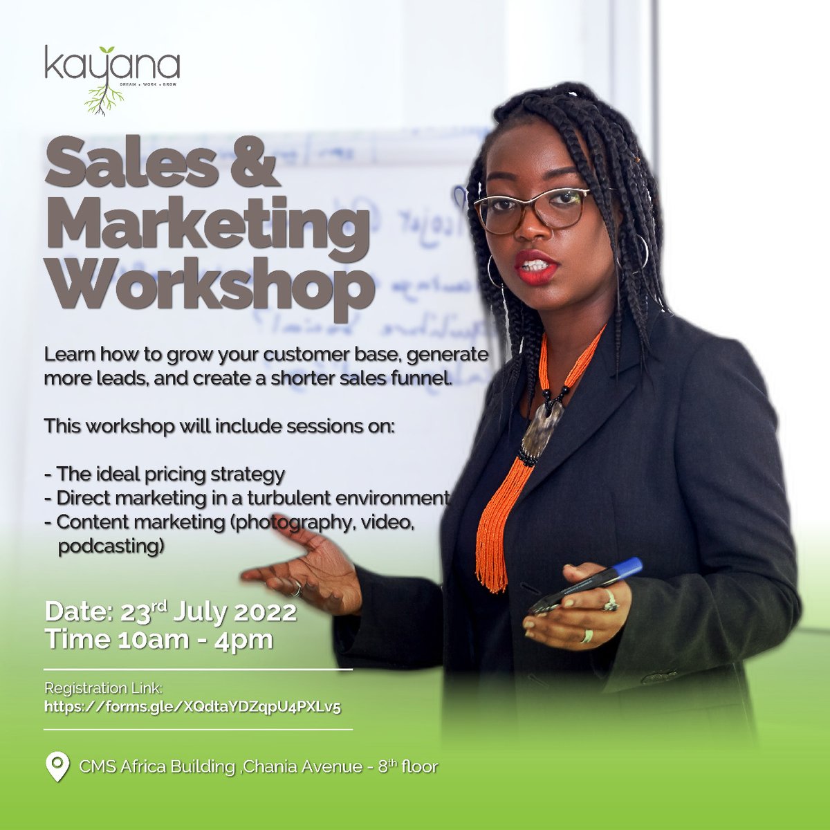 This is a full-day workshop at @kayana_kenya with leading industry experts who will tackle different aspects of marketing. 

Register: lnkd.in/dDkRVGkH

#cottageindustryke #smallbusinessmarketing #salesandmarketing #contentmarketing #DreamWorkGrow #LearnwithKayana