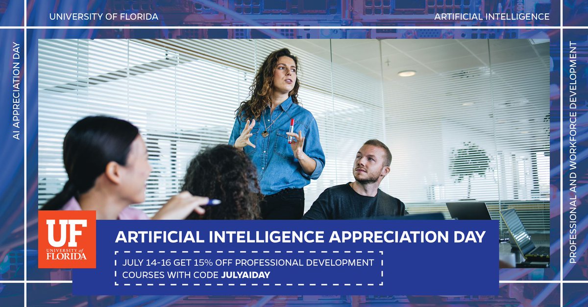 AI Appreciation Day is July 16th! To celebrate we are offering 15% off our professional development #AI courses from July 14-16th with code julyaiday.  Learn more about the available courses and register today at go.ufl.edu/aiday22 #AIatUF #AIintheSEC #ArtificialIntelligence
