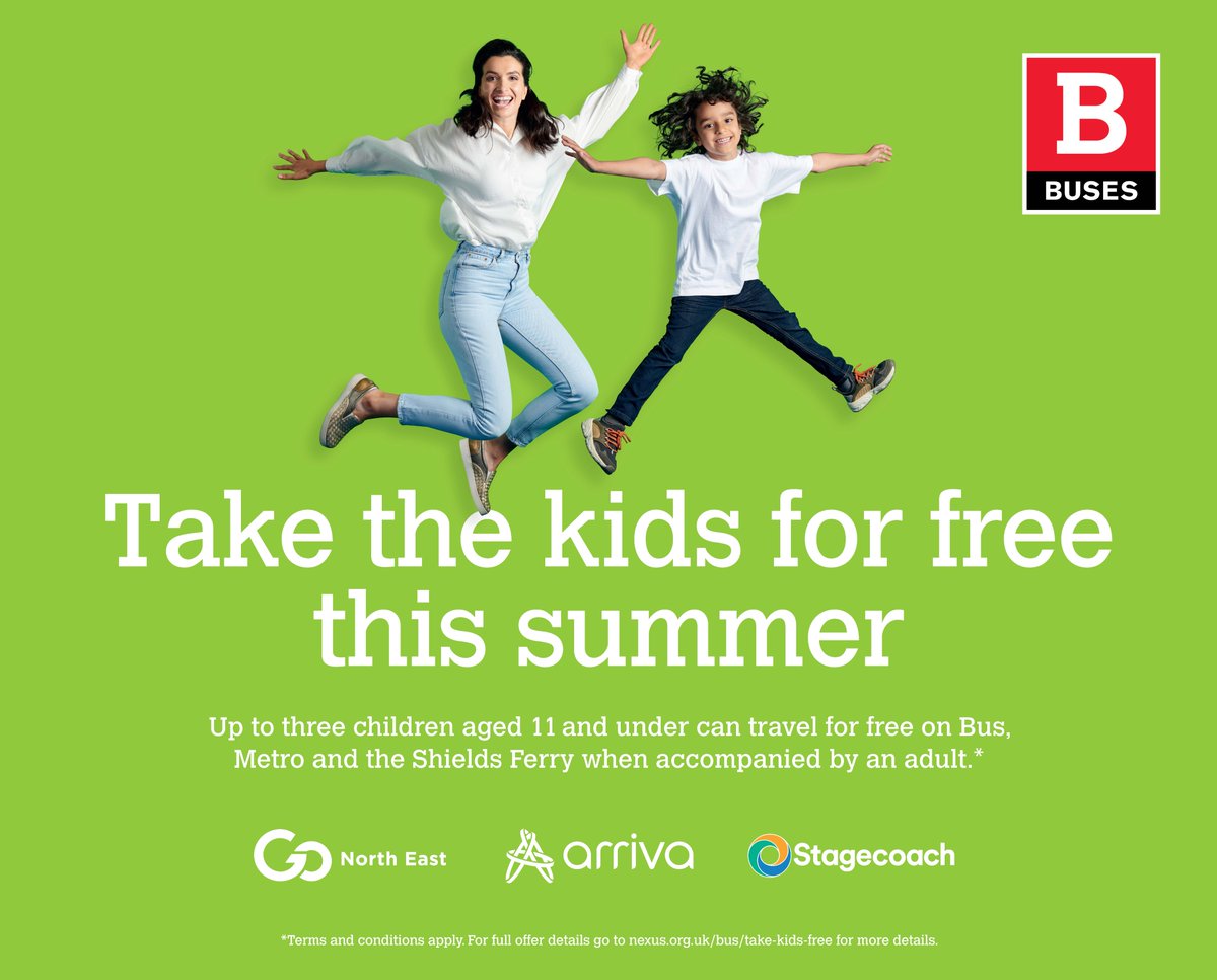 Great news! Families in the Tyne &amp; Wear, Durham and Northumberland will be able to enjoy free travel for kids on buses🚌this summer, right through the school holidays (23 July - 4 September 2022).

Full details can be found here: nexus.org.uk/bus/take-kids-…
